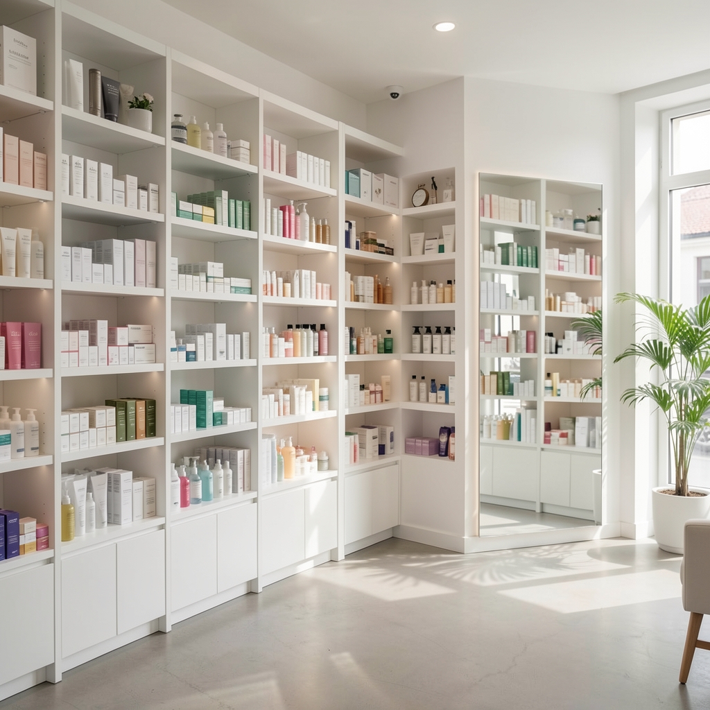 Interior moderno de espacio de belleza con estanterías blancas llenas de productos cosméticos y luz natural difusa
