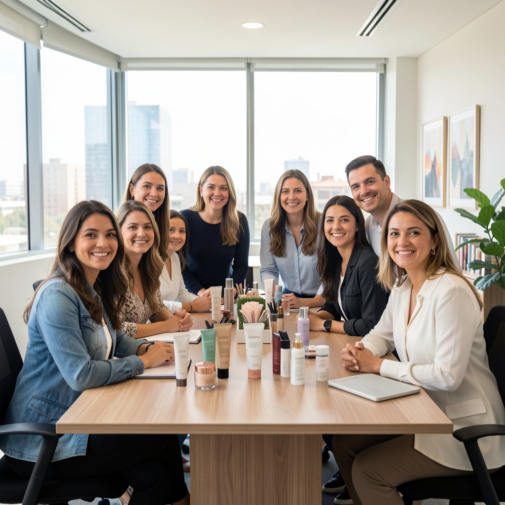 Equipo de Bellanova reunido en oficina moderna de Mendoza, personas sonrientes alrededor de una mesa con productos de belleza