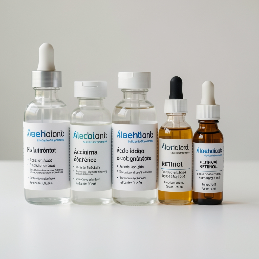 Frascos de ácido hialurónico, ácido glicólico y retinol alineados sobre tabla blanca con etiquetas científicas visibles