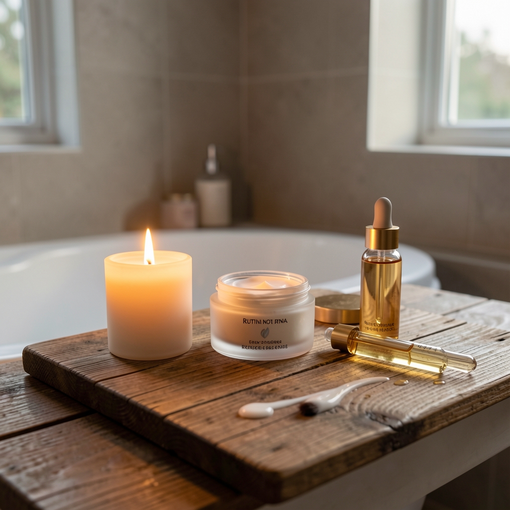 Rutina nocturna de skincare con vela encendida, crema facial, contorno de ojos y sérum sobre tabla de madera en baño spa iluminado suavemente