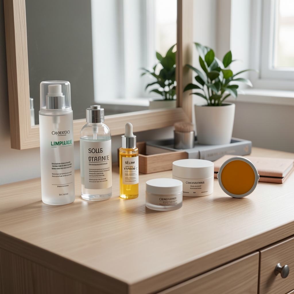 Hombre joven con barba bien cuidada aplicando crema facial hidratante en baño con espejo bien iluminado