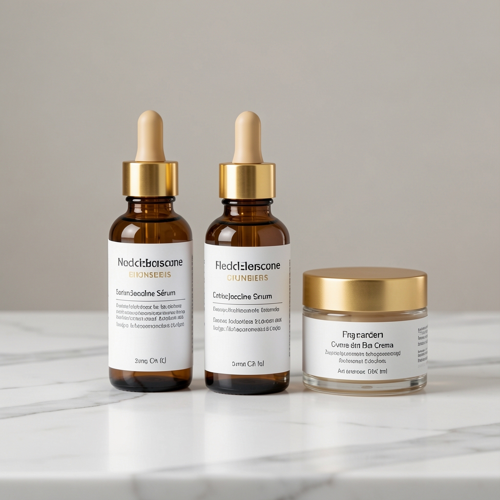 Frascos elegantes de sérum y crema antienvejecimiento con pipeta dorada sobre superficie de mármol blanco, ingredientes activos visibles en etiquetas científicas, fondo neutro y luz suave