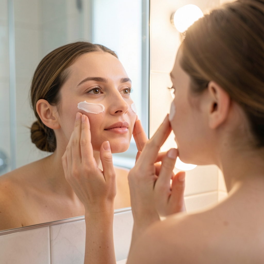 Mujer de tez clara aplicando crema hidratante espesa en mejillas secas frente a espejo de baño bien iluminado