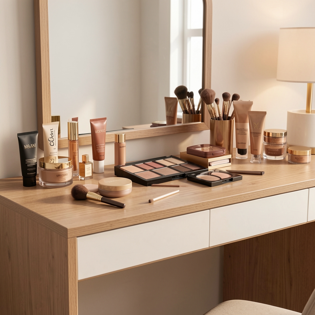 Mesa de tocador femenino ordenada con productos de maquillaje y skincare de marcas premium, iluminada con luz natural cálida