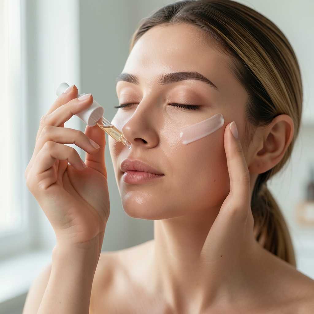 Mujer aplicando sérum facial transparente con pipeta sobre piel limpia e hidratada, rutina skincare matutina