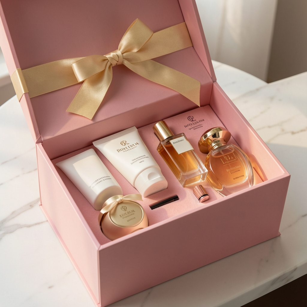 Set de regalo de belleza premium en caja rosada con lazo dorado, conteniendo cremas y perfumes de lujo