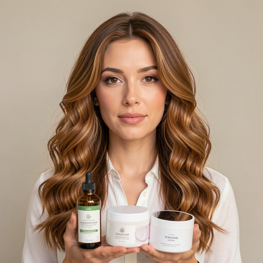 Cabello femenino brillante y ondulado con productos capilares naturales como aceites y mascarillas en fondo neutro