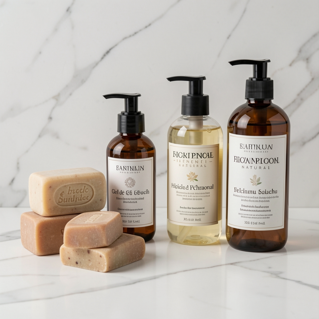 Surtido de productos de higiene personal premium sobre superficie de mármol blanco: jabones artesanales, frascos de gel de ducha y botella de champú natural