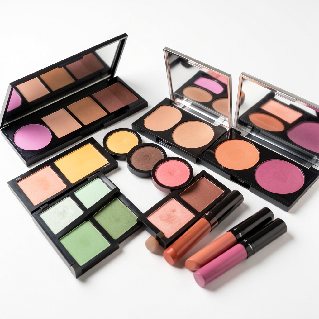 Variedad de productos de maquillaje coloridos, paletas de sombras y labiales dispuestos artísticamente sobre fondo blanco