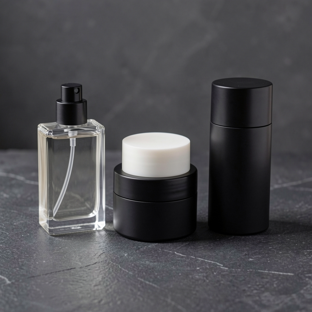 Productos de grooming masculino: aftershave, crema de afeitar y sérum hidratante en envases negros y plateados minimalistas