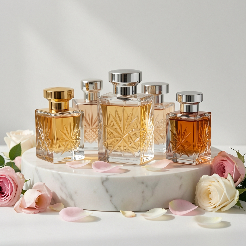 Frascos de perfumes de cristal transparente y ámbar sobre tabla de madera con flores secas y pétalos rosas
