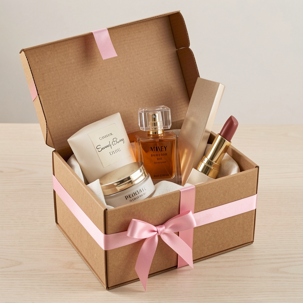 Elegante set de regalo de belleza con caja de cartón kraft decorada con cinta rosa y productos cosméticos premium asomando: crema, perfume en frasco y labial