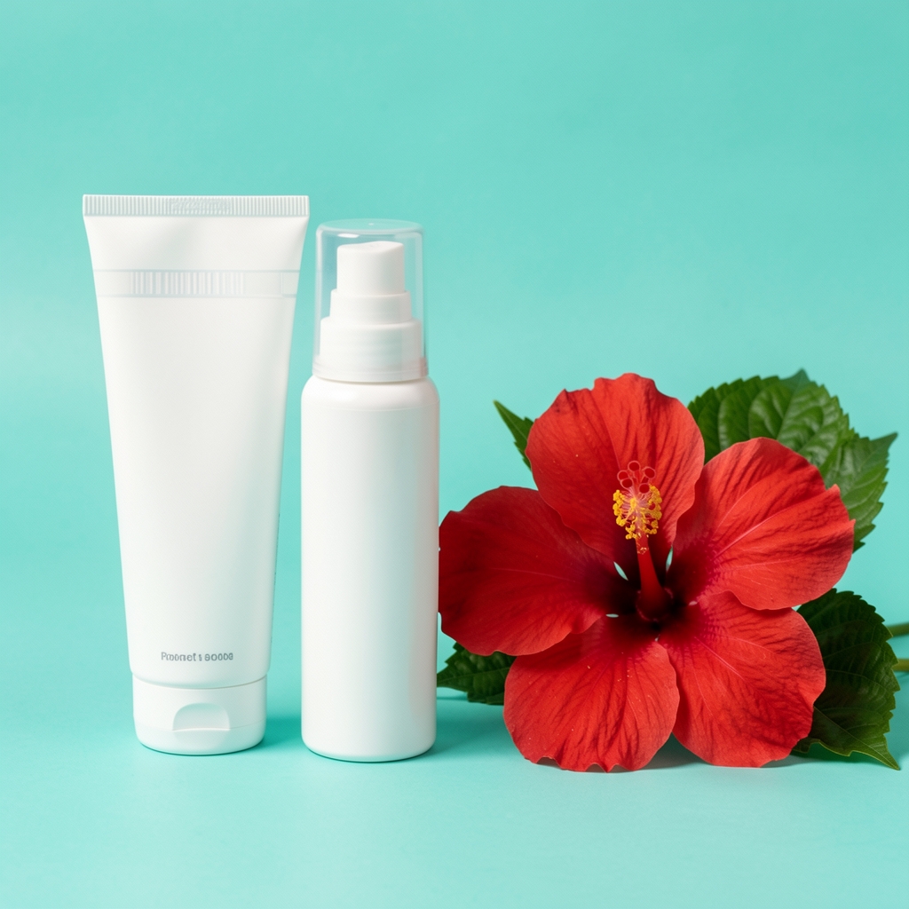 Protectores solares en tubos y sprays blancos junto a flor de hibisco tropical sobre fondo turquesa veraniego