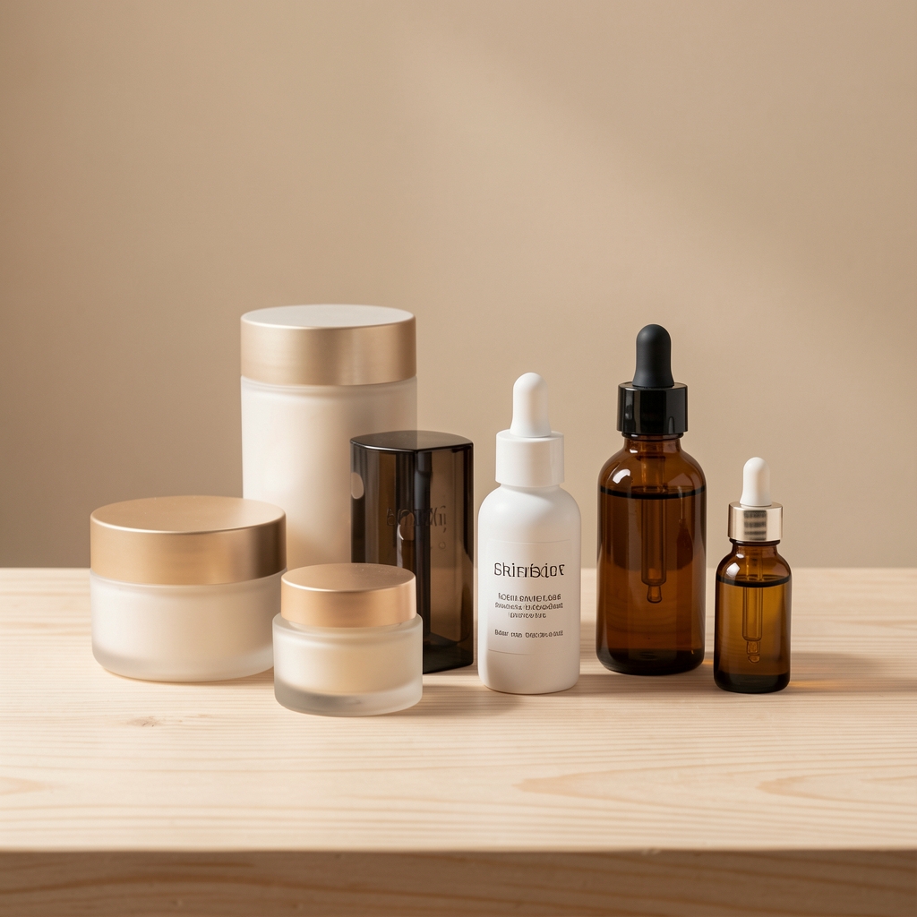 Colección de productos de belleza seleccionados en mesa de madera clara con texturas variadas: cremas, sérum y aceites sobre fondo beige suave