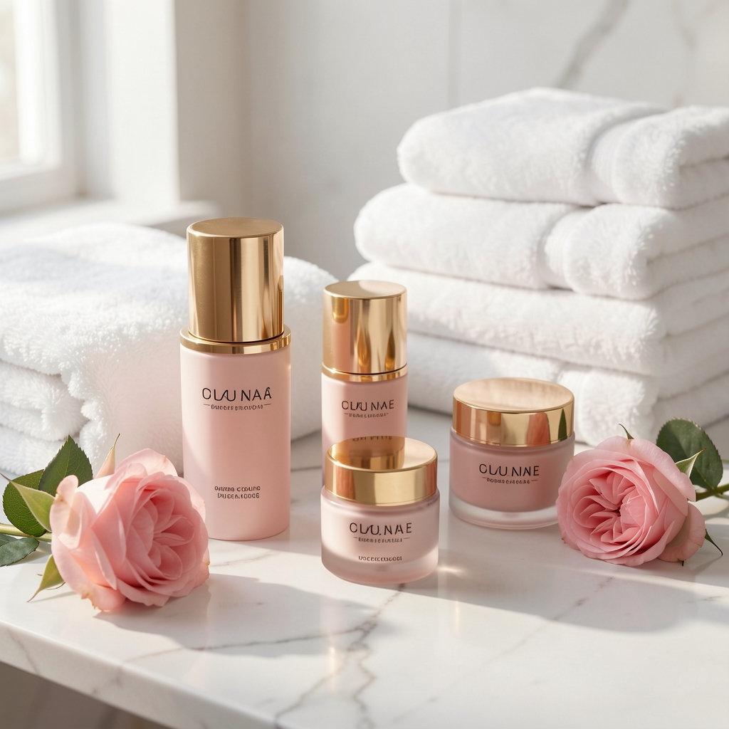 Colección de productos de skincare premium sobre superficie mármol blanco con flores rosadas y toallas suaves, ambiente luminoso y elegante