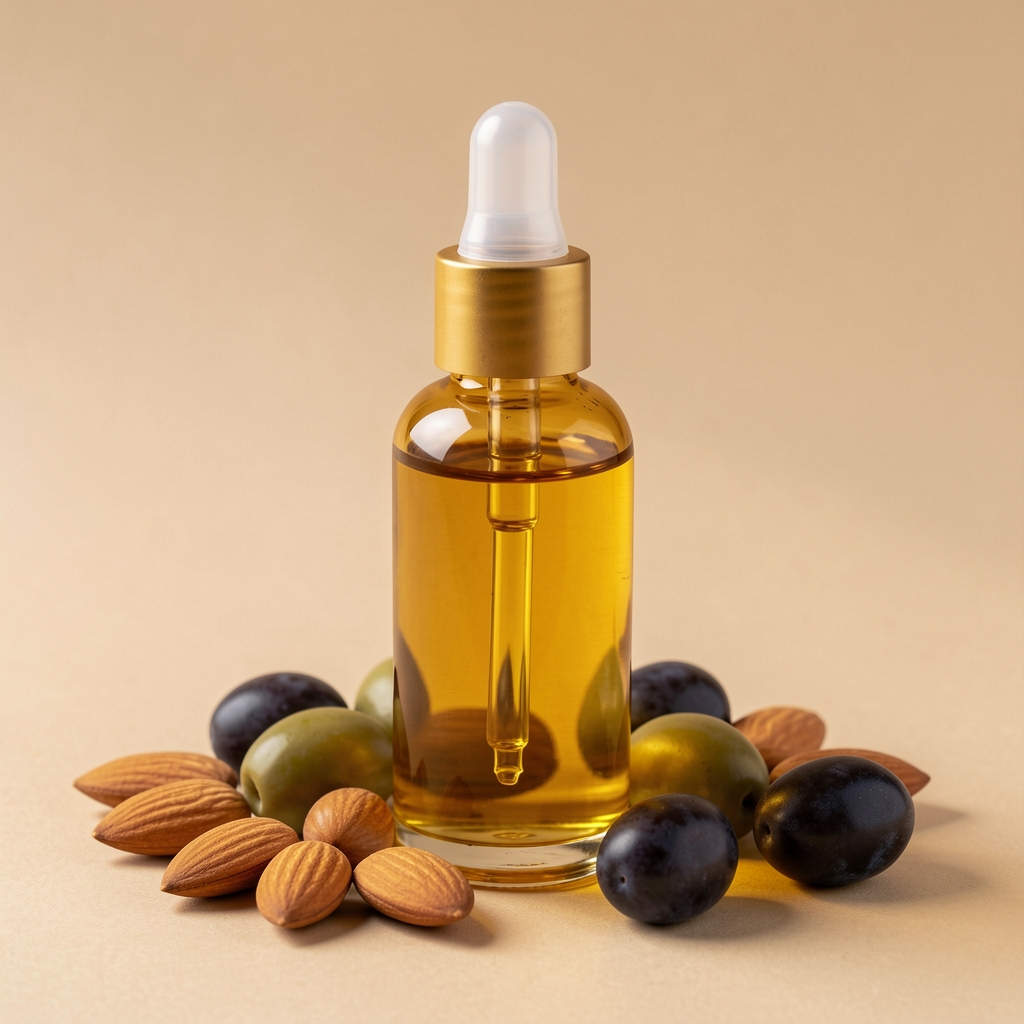 Aceite capilar dorado en frasco con pipeta transparente rodeado de almendras y aceitunas sobre fondo beige