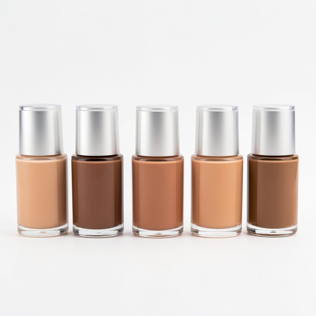Base de maquillaje líquida en varios tonos de piel en botellas de vidrio transparente alineadas sobre fondo blanco