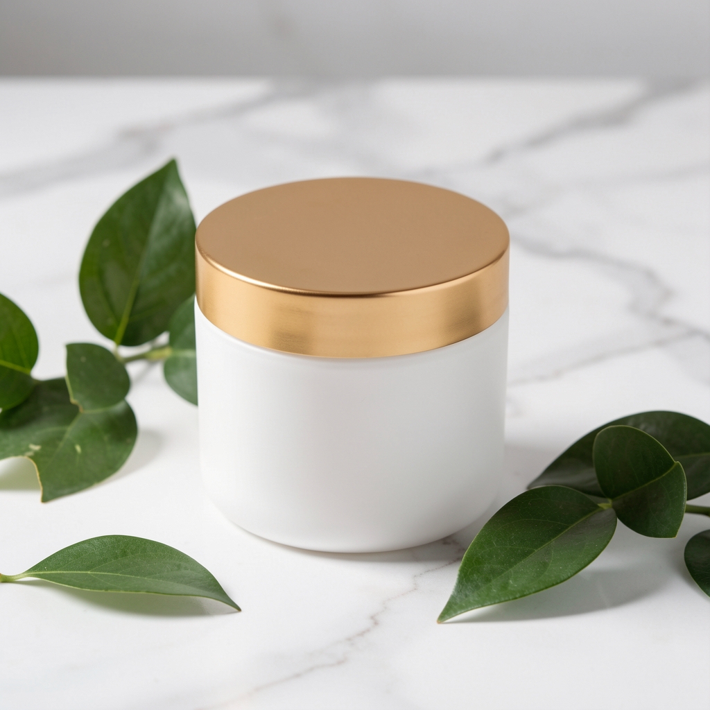 Crema hidratante facial en tarro blanco con tapa dorada sobre superficie mármol blanca con hojas verdes