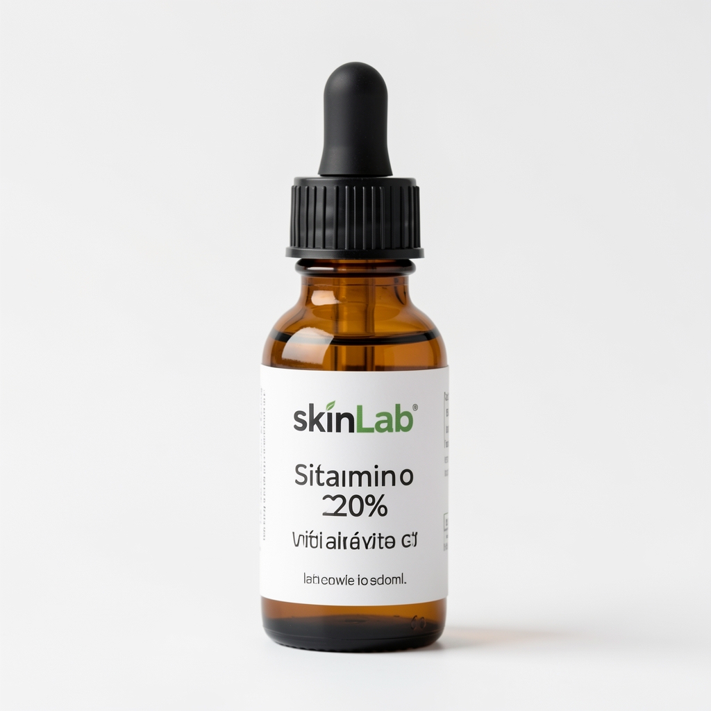 Sérum de vitamina C en frasco cuentagotas naranja ambar sobre fondo blanco con rodajas de naranja fresca